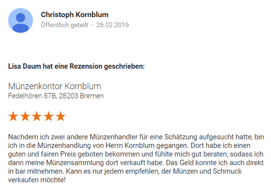 Münzenkontor Kornblum Bremen Bewertung